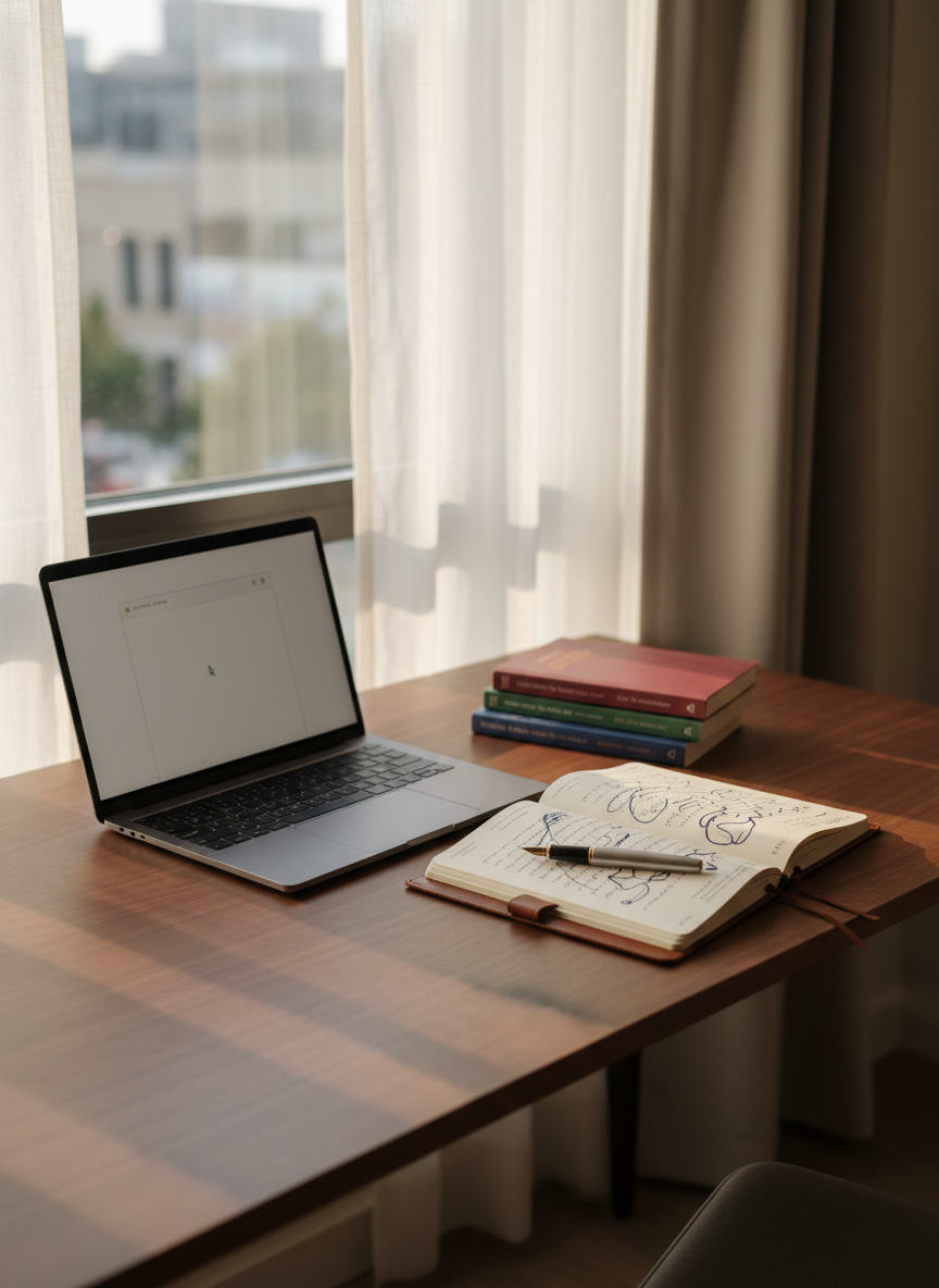 A neatly arranged writing desk in a modern apartment, featuring a slim black laptop displaying a softly glowing blank document, beside a leather-bound notebook filled with handwritten lines in dark ink that are just abstract marks. A fountain pen rests diagonally across the page. By the laptop, a small stack of romance novels with unnamed spines in warm jewel tones suggests a focus on Black love stories. The desk is matte walnut, positioned near a tall window with sheer curtains, late-afternoon light streaming in. The lighting is soft and diffused, creating intimate shadows and reflections. Captured in photographic realism from a three-quarter angle with a shallow depth of field, the mood is focused, inviting, and creatively charged, reflecting a contemporary romance author’s workspace.