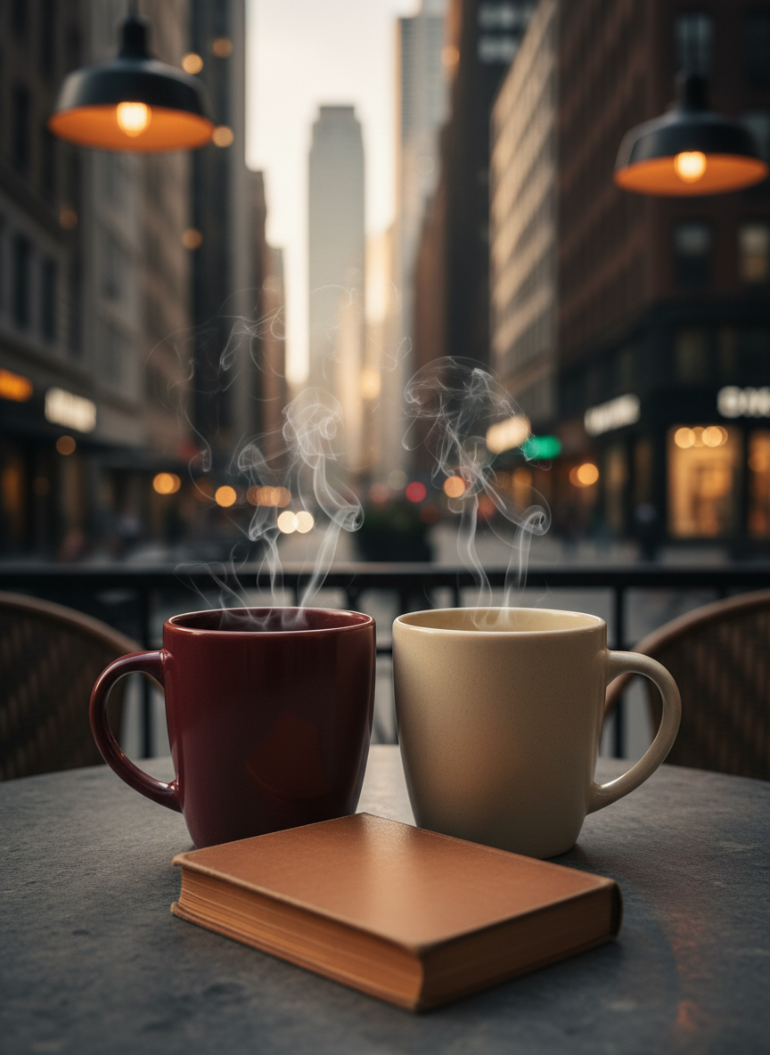 A close-up of two ceramic coffee mugs placed side by side on a dark stone café table, one deep burgundy and the other soft cream, their rims almost touching, faint steam intertwining above them. Between the mugs lies a small, closed paperback book with a plain, warm-brown cover, subtly worn at the edges, suggesting a beloved romance novel. In the blurred background, city lights and silhouettes of buildings hint at an urban setting that centers Black contemporary life. Warm indoor pendant lighting creates gentle highlights on the mug surfaces and a cozy glow across the table. Photographic realism with a shallow depth of field and centered composition, the atmosphere is intimate, romantic, and quietly sophisticated.