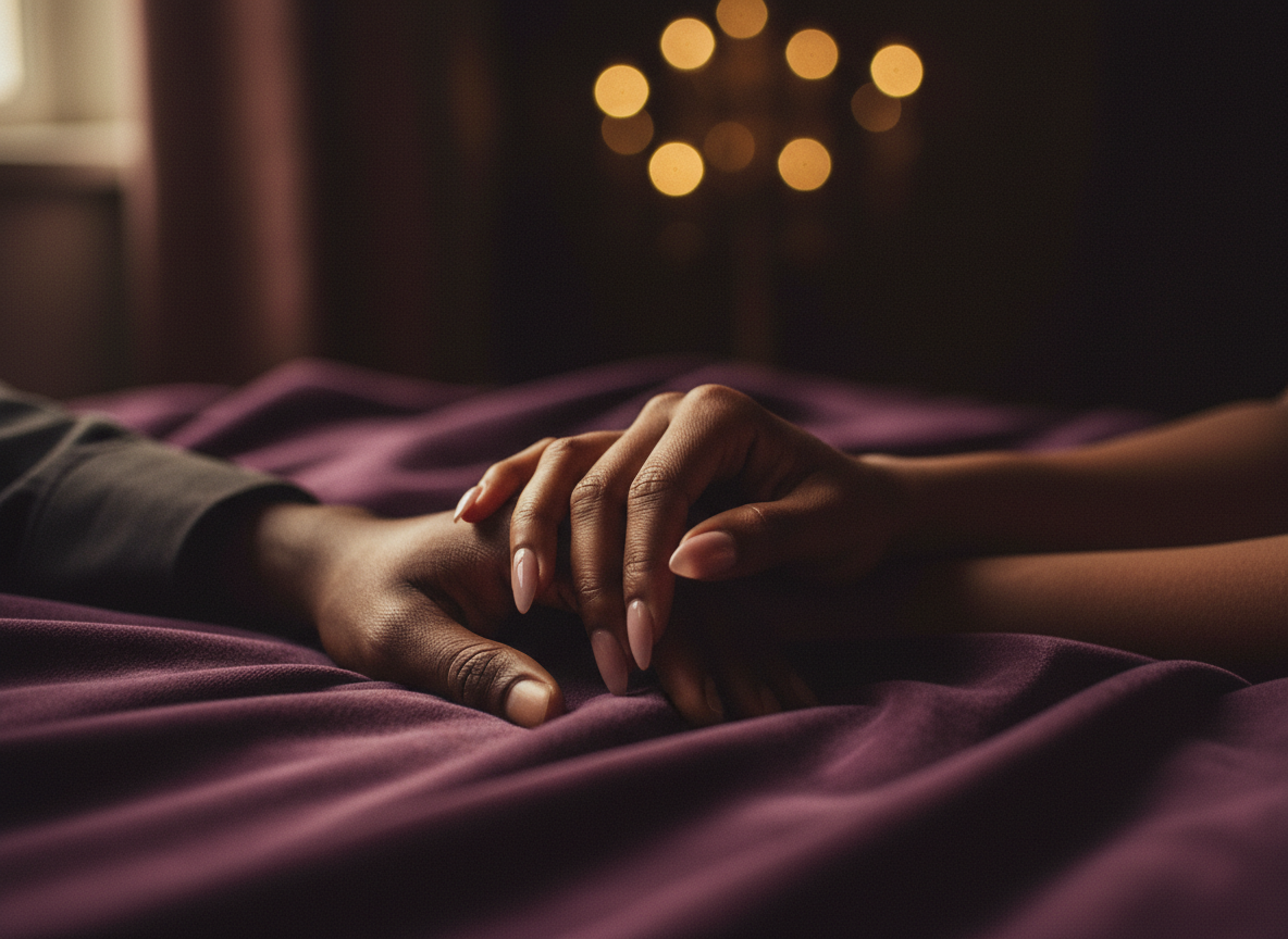 Two Black hands lightly intertwined resting on rich deep-plum velvet fabric in warm golden light