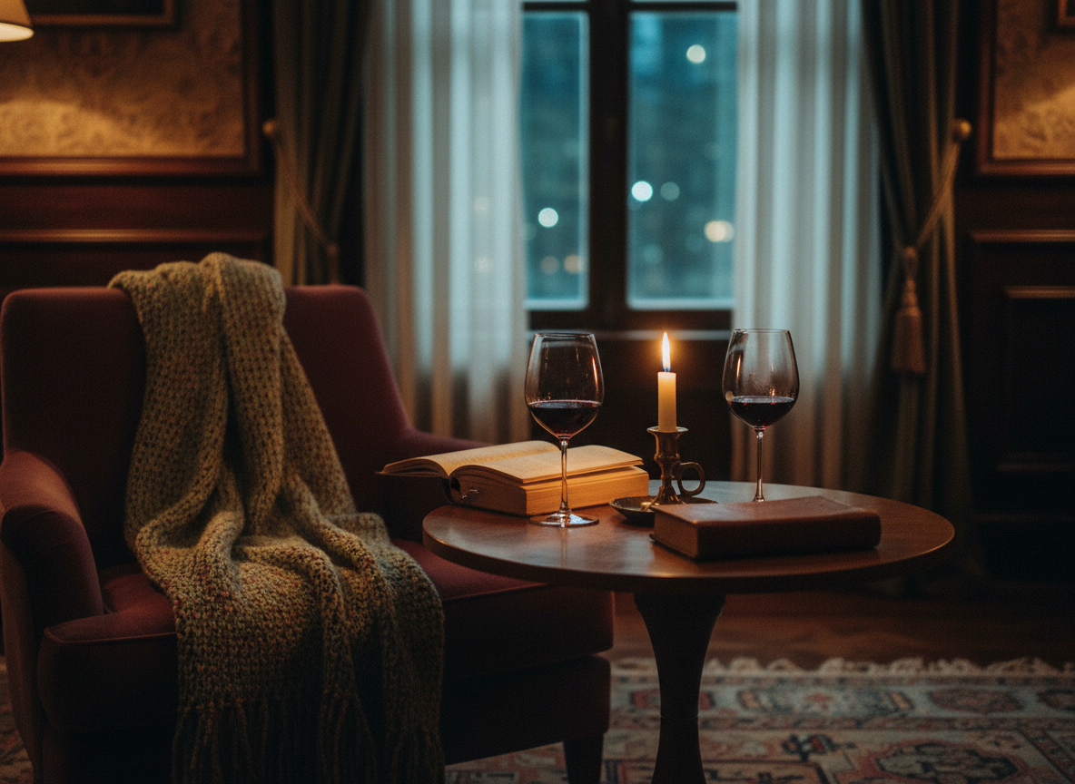 A cinematic, intimate late-night scene. Two wine glasses on a small table, one half-empty, soft candlelight casting warm amber and gold tones across the scene. An open book nearby, a throw blanket draped over a velvet chair, dim city lights or moonlight visible through a window in the background. The atmosphere is quiet, personal, and deeply sensual — the feeling of a conversation that only happens after midnight. Rich jewel tones: deep plum, warm burgundy, soft sage green. No people. Editorial quality, film-like grain, moody and sophisticated.